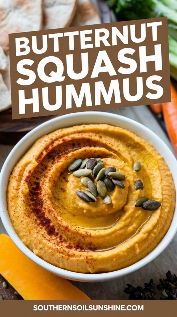 A bowl of vibrant butternut squash hummus garnished with paprika and pumpkin seeds.