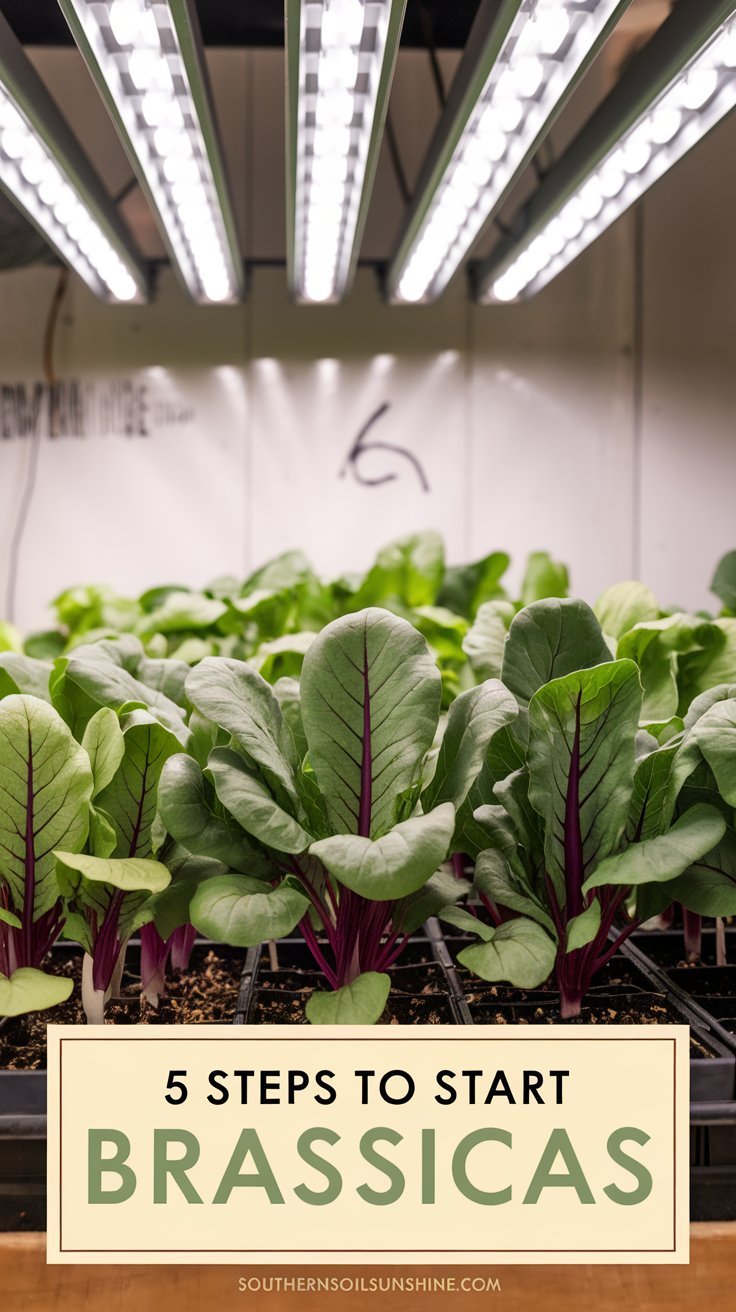 A photo of a vibrant tray of brassica seedlings under grow lights. The seedlings have healthy green leaves and are growing in a soil mix. The background is a white wall with markings. There is a text overlay that says "5 Steps to Start Brassicas". At the bottom of the image, there is a footer that says "SouthernSoilSunshine.com".