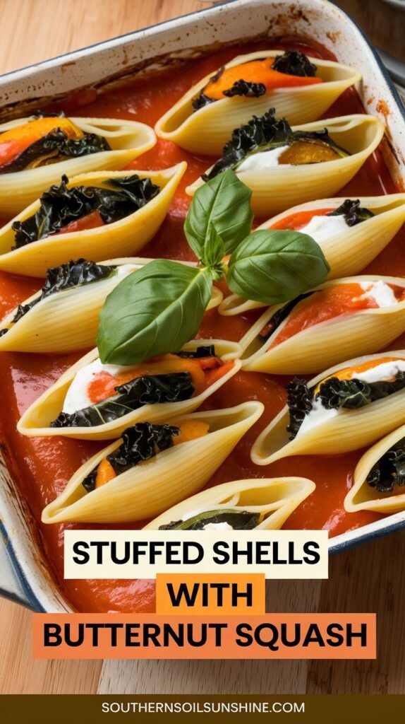 Stuffed pasta shells with butternut squash, kale, and ricotta baked in tomato sauce.