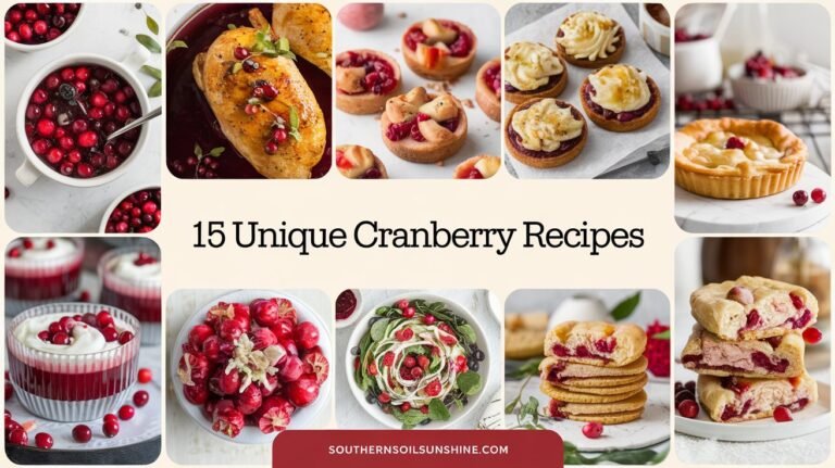 A Pinterest-style collage with the text "15 Unique Cranberry Recipes". There are images of cranberries, glazed chicken, spritzers, brie puff pastries, salads, and cookies. The background is a beige gradient. There's a footer saying "SouthernSoilSunshine.com".