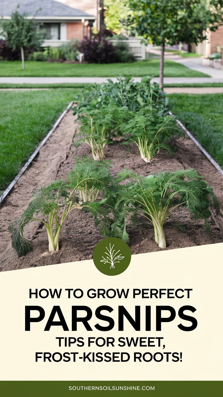 A well-maintained garden bed showcasing parsnip plants with their feathery green tops, growing in loose, rock-free soil under partial sun in a suburban yard.