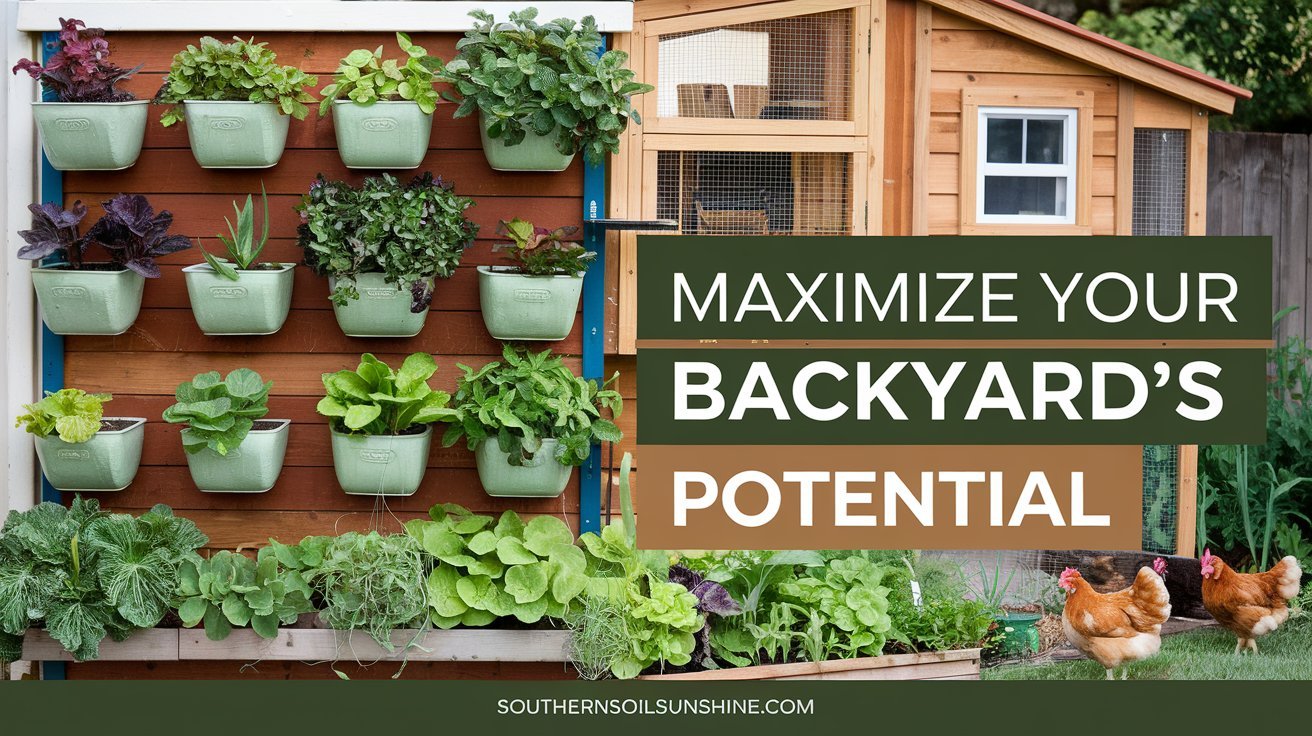 A Pinterest-style image of a vertical garden setup with various plants in wall-mounted pots, showcasing the efficient use of small spaces. The background contains a cozy chicken coop reflecting backyard homesteading. The image has a natural, rich color palette that highlights the lush greenery. There is a bold text overlay that reads "Maximize Your Backyard's Potential". The footer contains the text "SouthernSoilSunshine.com".