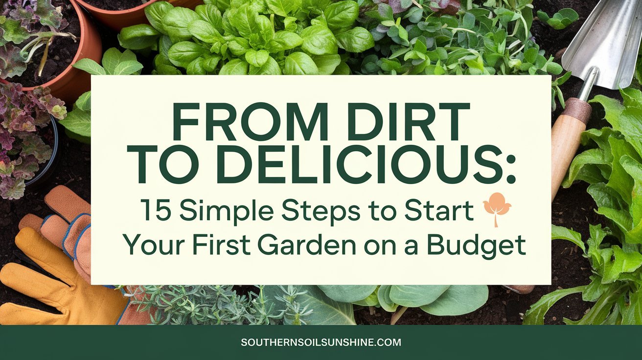 A Pinterest-style image with a vibrant, natural background showcasing fresh garden herbs, leafy greens, and potted plants. There are essential gardening tools like a trowel and gloves artfully arranged among the plants. There is bold, inviting text with the title "From Dirt to Delicious: 15 Simple Steps to Start Your First Garden on a Budget." The design is simple yet engaging, with rich greens and earthy tones highlighting the gardening theme. There is a subtle footer with the text "SouthernSoilSunshine.com" for brand reference.