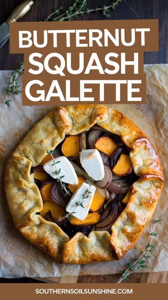 Rustic galette with roasted butternut squash, caramelized onions, and goat cheese on a wooden board.