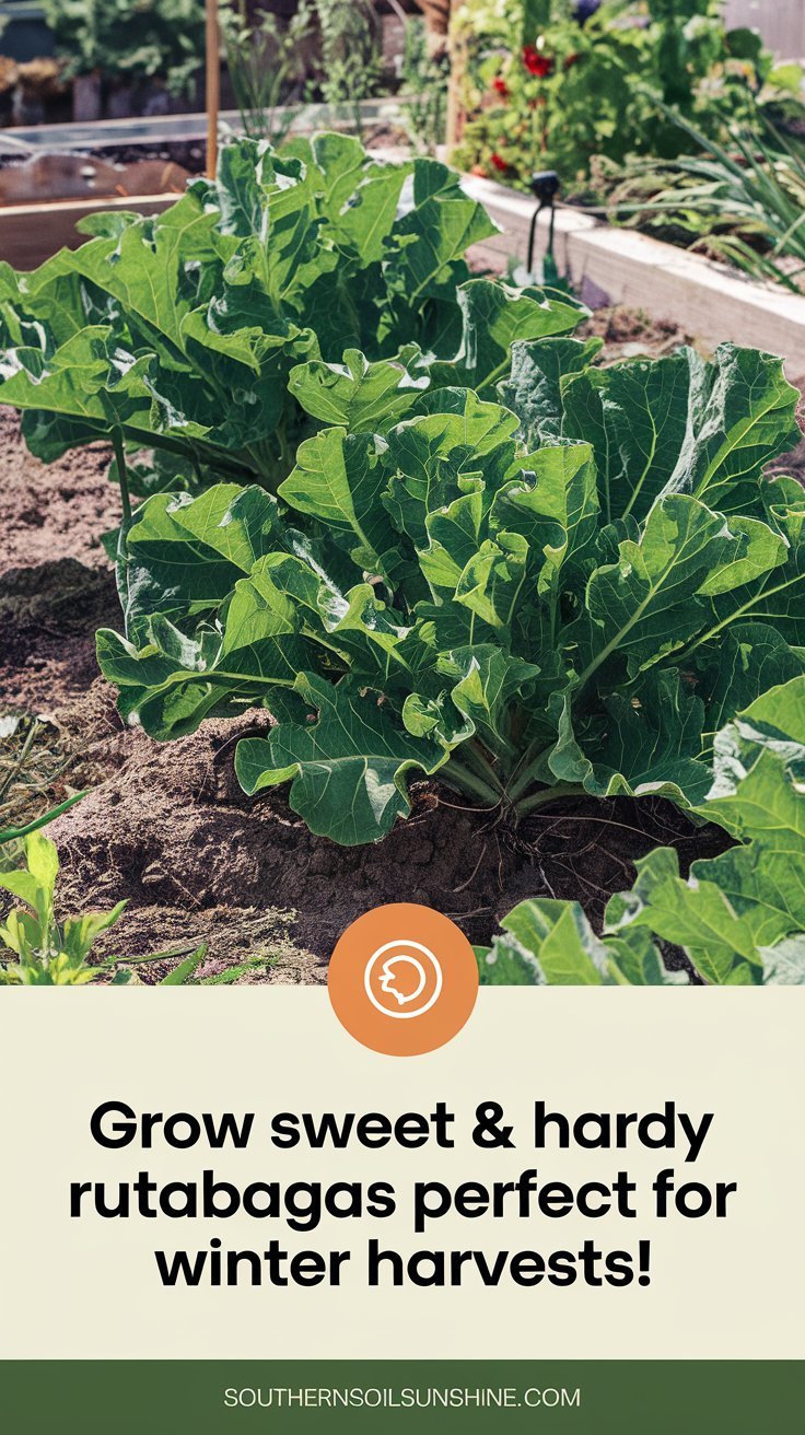 A thriving suburban garden bed with healthy, leafy rutabaga plants growing in loose, well-drained soil, surrounded by soft sunlight and minimal weeds.