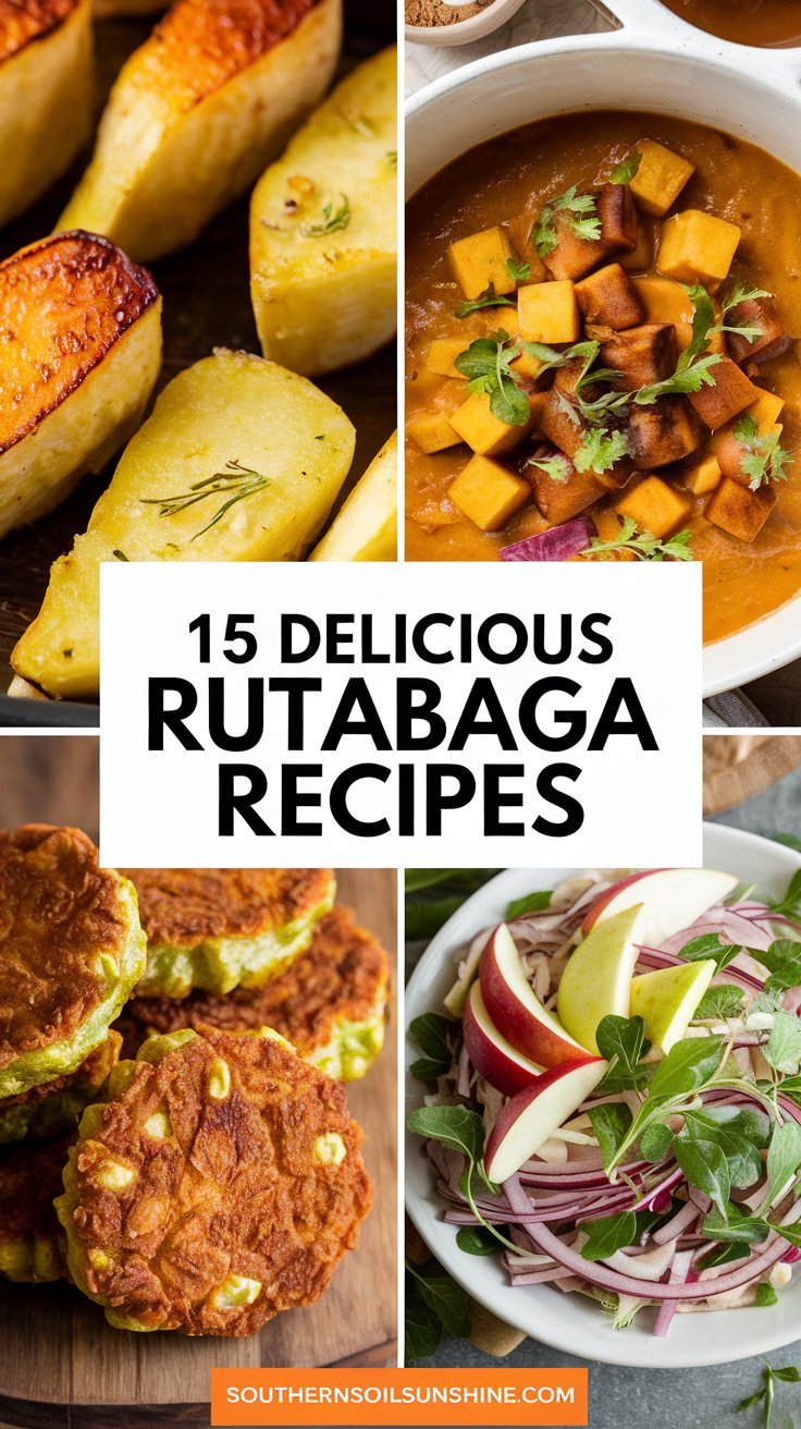 A vertical Pinterest-style image divided into 4 food photos. The top left photo shows golden-brown roasted rutabaga. The top right photo shows a colorful rutabaga curry. The bottom left photo shows crispy rutabaga fritters. The bottom right photo shows fresh apple and rutabaga slaw. There is bold white text in the center reading "15 DELICIOUS RUTABAGA RECIPES". There is the text "SouthernSoilSunshine.com" at the bottom. The images have warm lighting and neutral backgrounds.