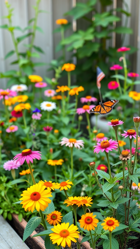 A colorful pollinator-friendly garden with various flowers and a butterfly