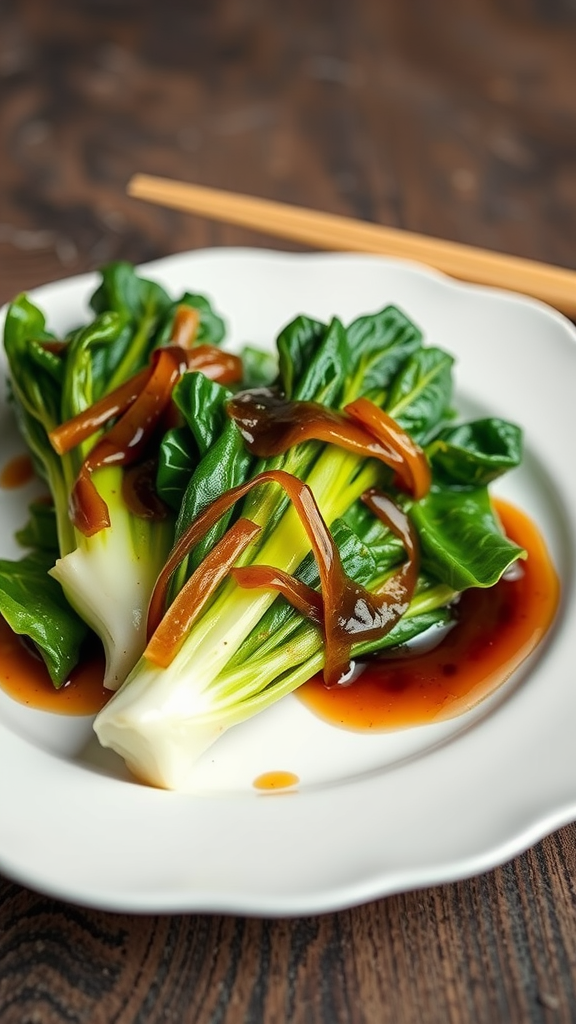 Plate of steamed choy sum with soy sauce and ginger.