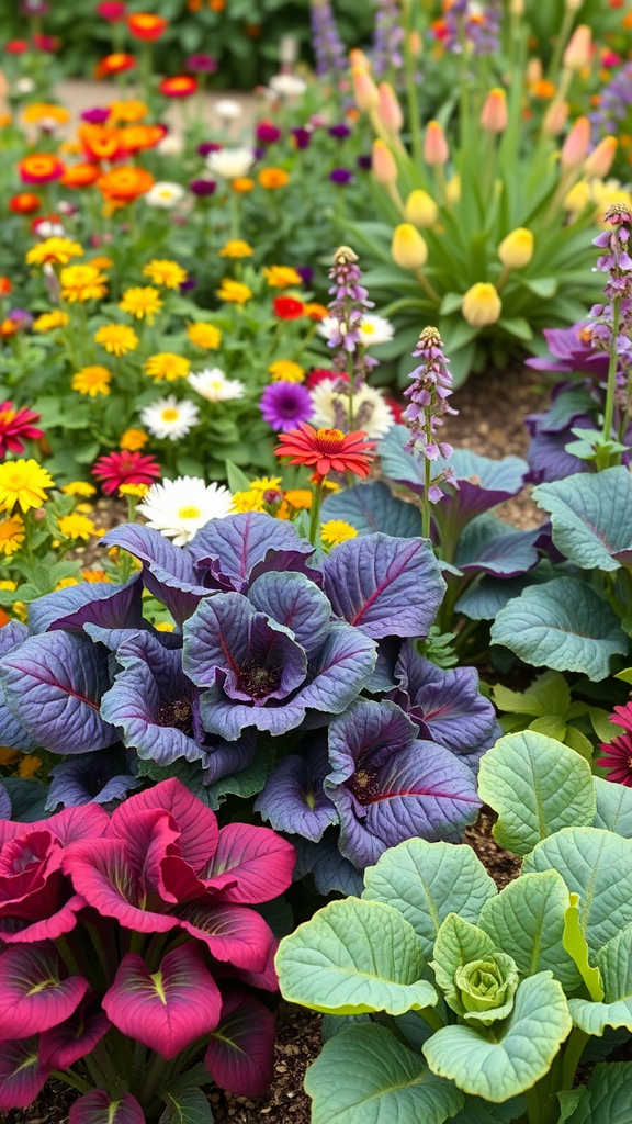 A vibrant garden featuring a mix of colorful flowers and edible plants like kale.