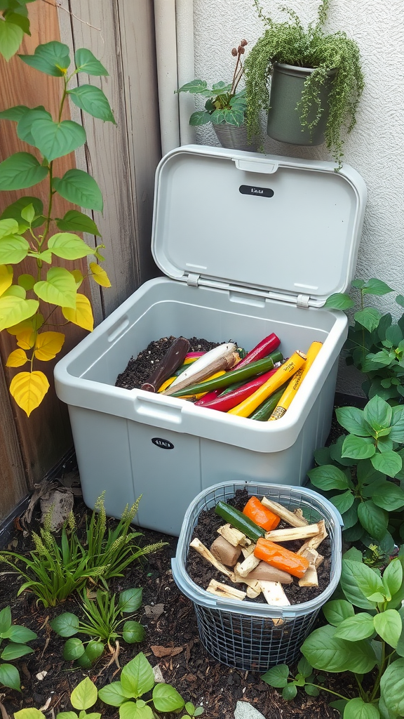 A compact compost bin and container filled with vegetable scraps in a small garden space.