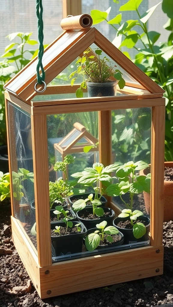 A small wooden mini greenhouse with various young plants inside.