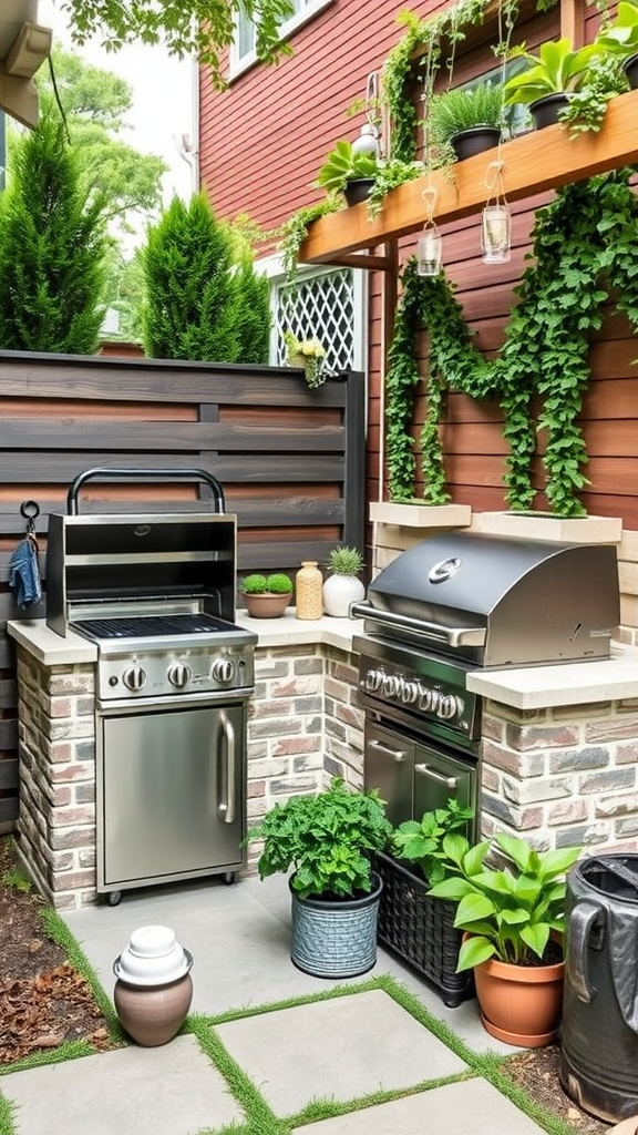 Cozy outdoor kitchen setup with two grills, stone countertop, and surrounding greenery.