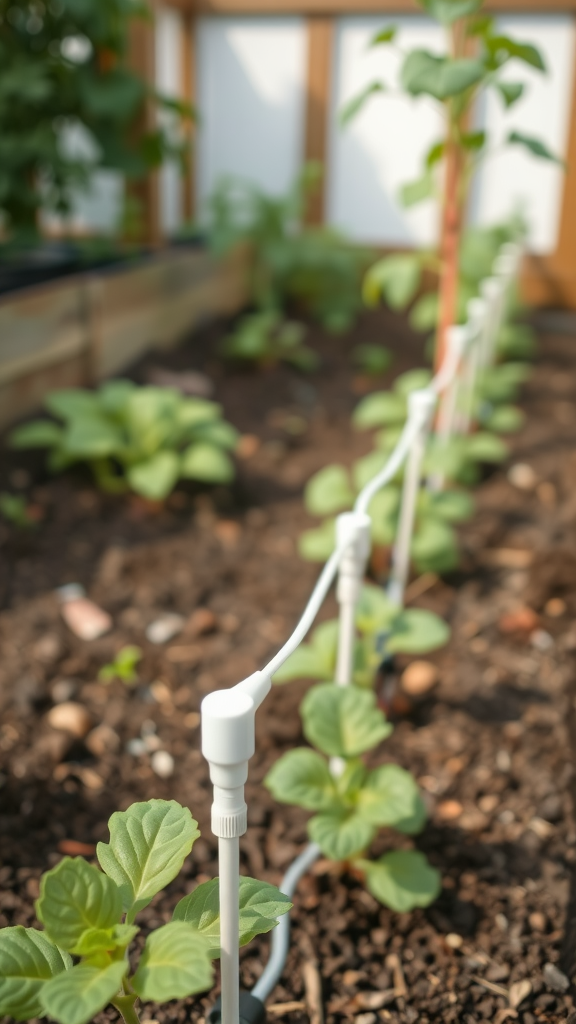 A close-up of a DIY drip irrigation system in a garden, showing plants and tubing.