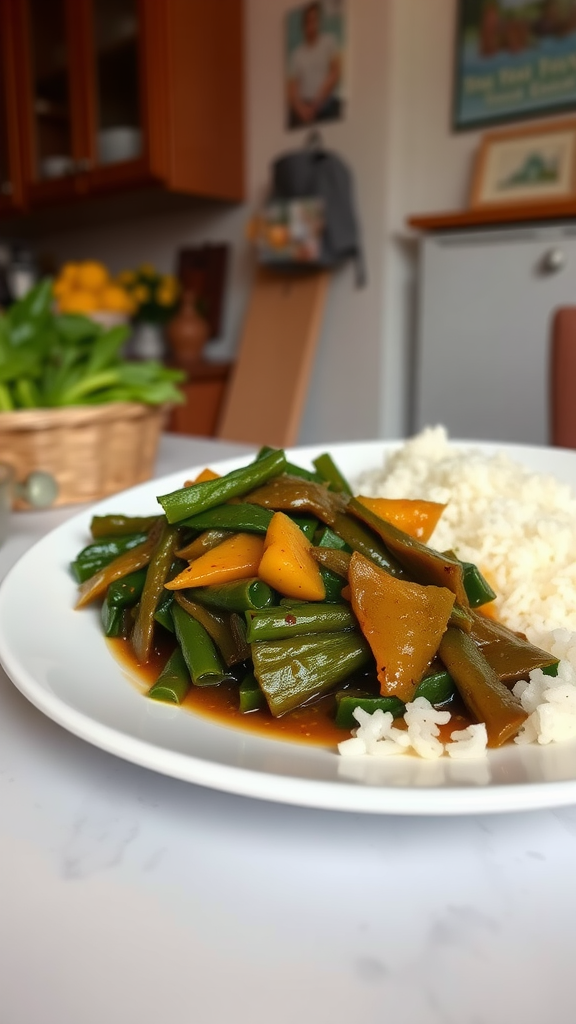 A plate of Adobong Kangkong with rice, featuring water spinach and colorful vegetables in a savory sauce.