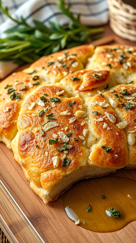 A freshly baked garlic and herb focaccia bread topped with herbs and garlic on a wooden board, with a drizzle of olive oil.