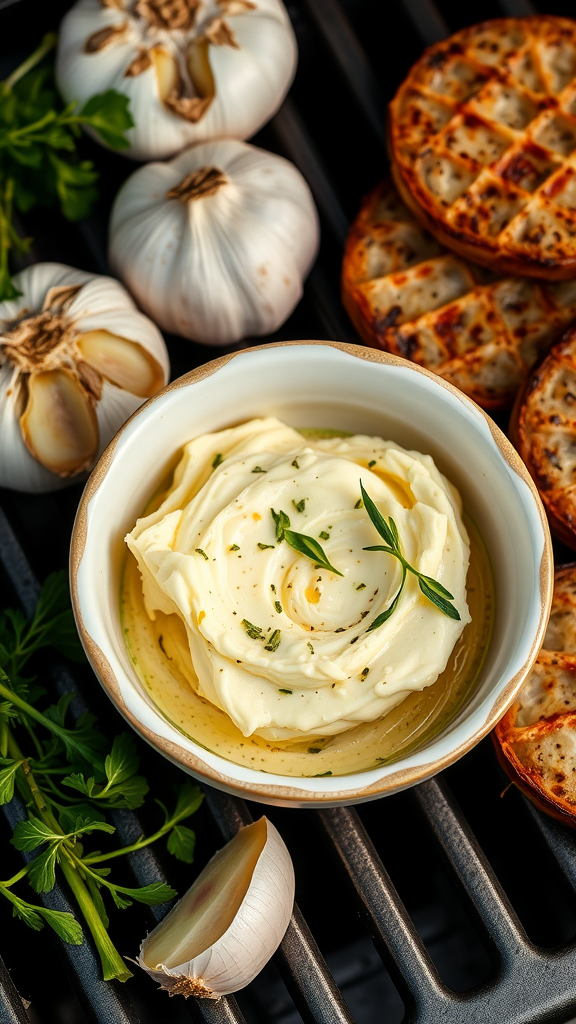 A bowl of garlic herb butter surrounded by garlic cloves and grilled pita.