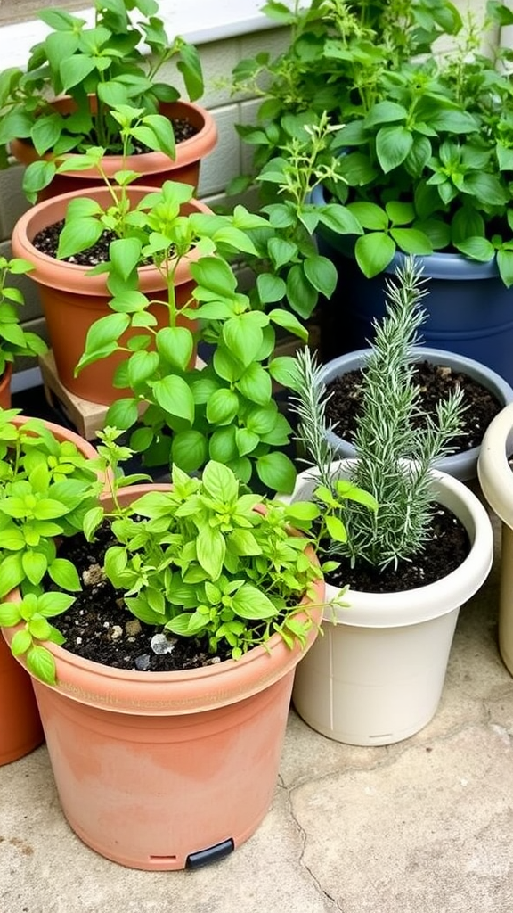 A variety of herbs growing in different containers, showcasing the beauty and practicality of container gardening.