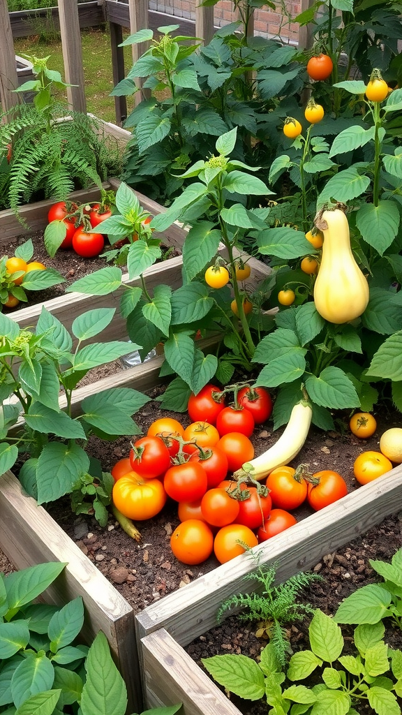 A garden with red tomatoes, yellow squash, and lush green plants in raised beds.