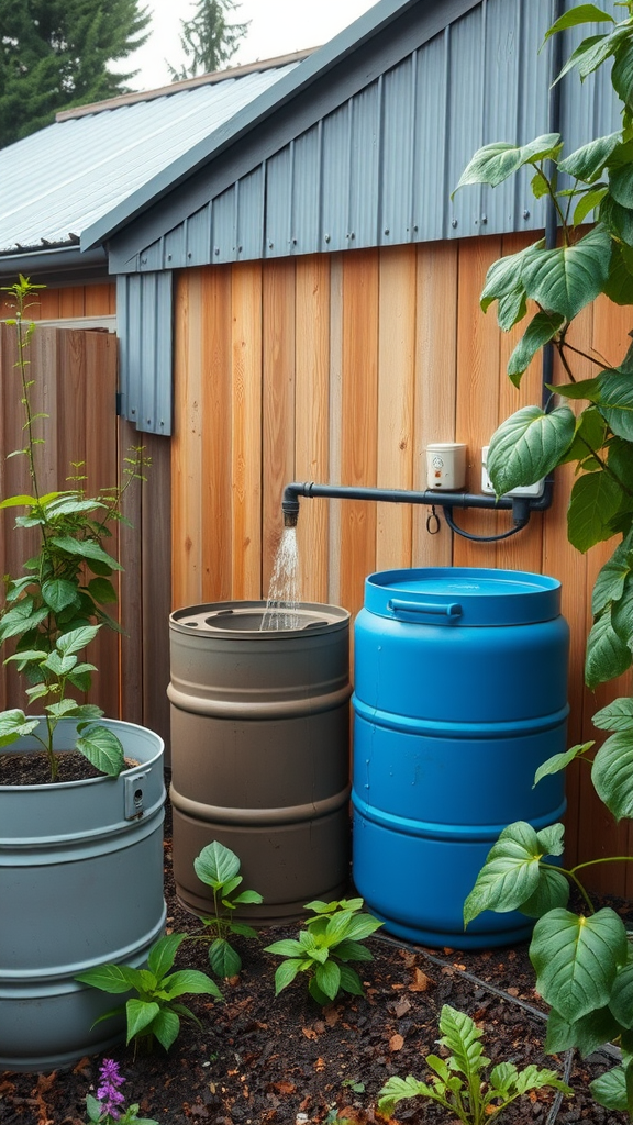 Rainwater harvesting system with barrels in a garden