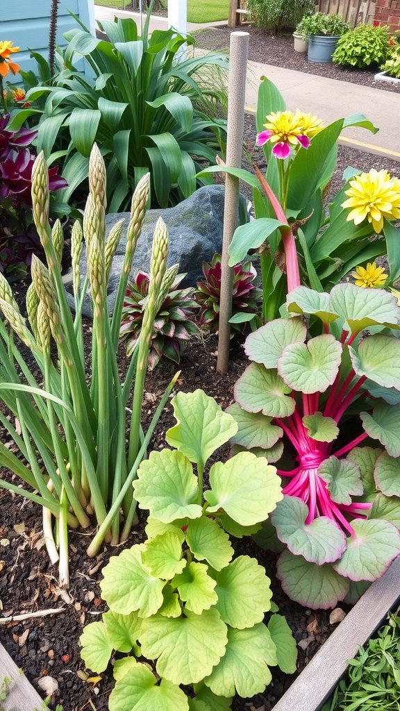 A vibrant garden featuring asparagus and rhubarb among colorful flowers.