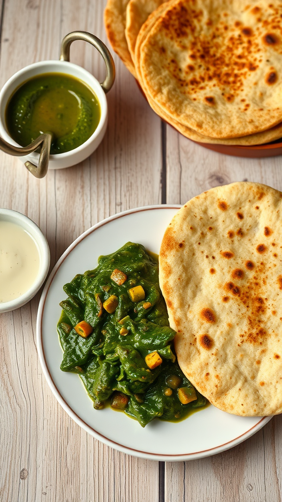 A plate of Sarson Da Saag with Makki Di Roti, accompanied by green chutney and a white sauce.