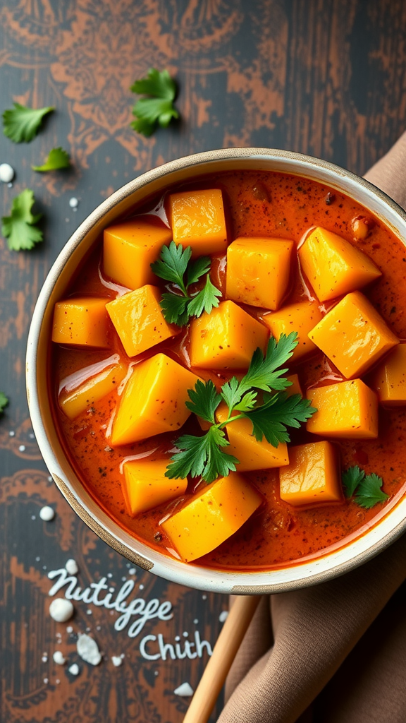 A bowl of Indian spiced rutabaga curry with chunks of rutabaga and garnished with cilantro.