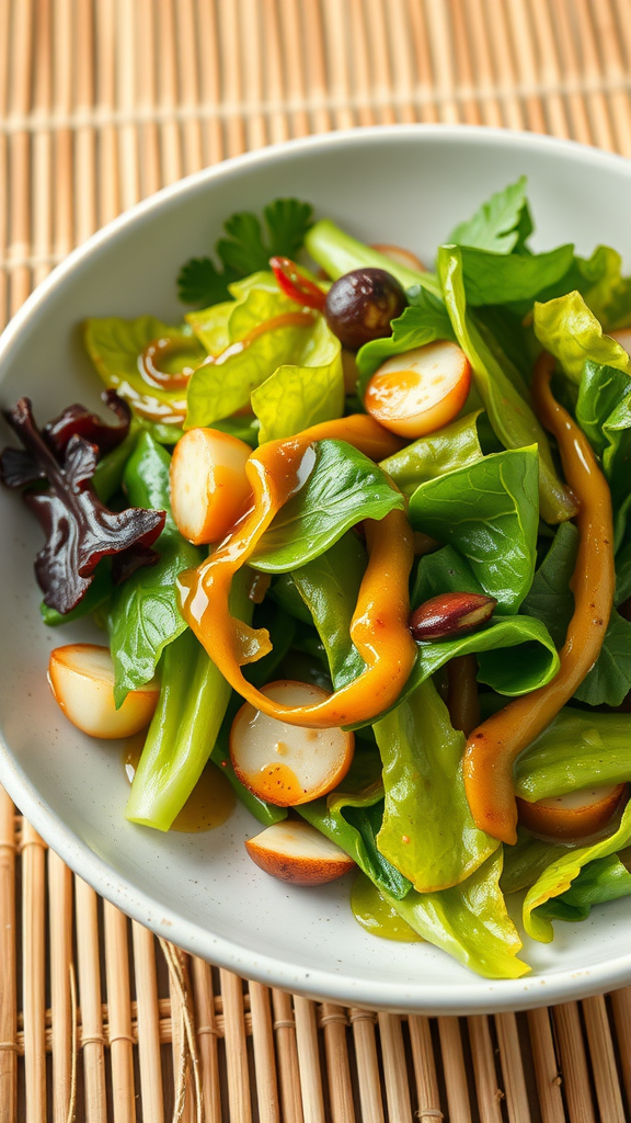 A bowl of fresh Komatsuna salad with miso dressing, garnished with colorful vegetables.