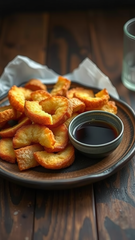 Plate of golden-brown rutabaga tempura with a small bowl of dipping sauce