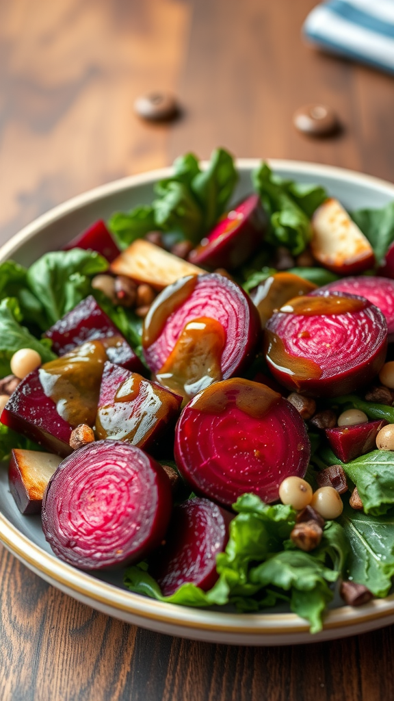 A colorful kale and roasted beet salad topped with nuts and a dressing, served in a bowl on a wooden table.