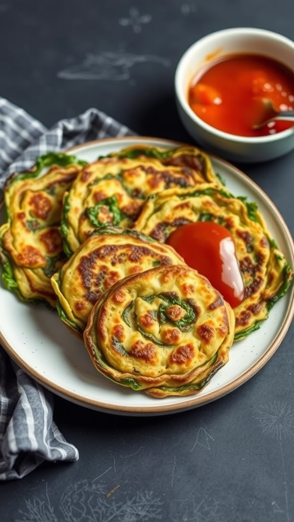 A plate of Korean chard pancakes with a dipping sauce.