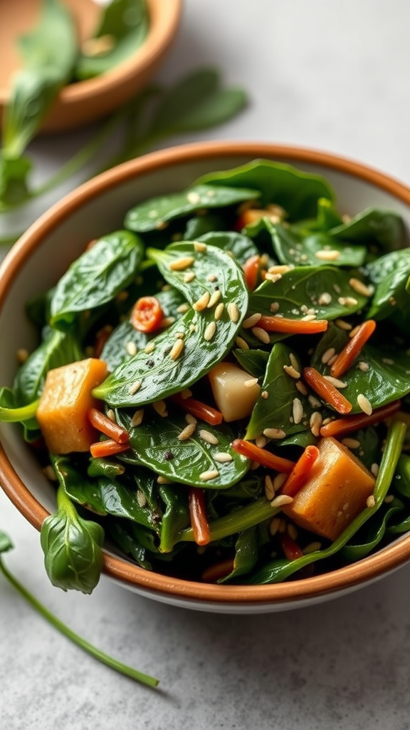 A bowl of Korean spinach salad featuring fresh spinach, carrots, and sesame seeds.