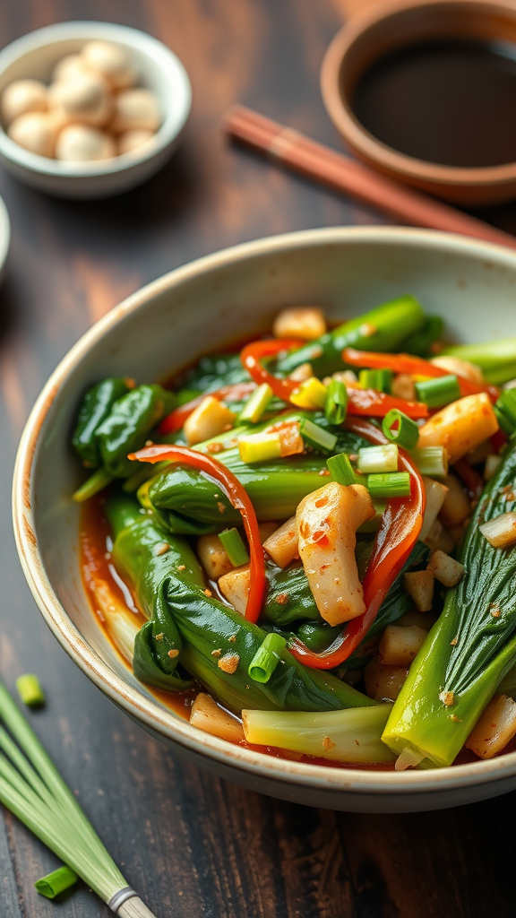 A bowl of Malaysian Pak Choi stir-fried with soy sauce, featuring vibrant greens mixed with red peppers and garnished with green onions.