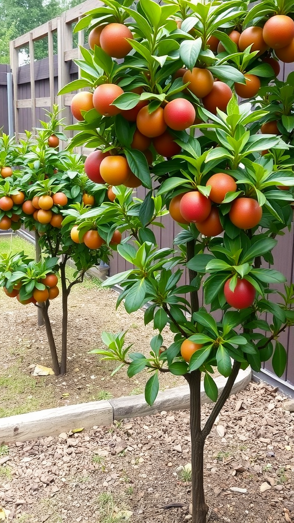 Dwarf fruit trees with colorful fruit in a garden setting