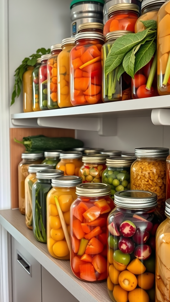 Shelves filled with jars of preserved vegetables and fruits