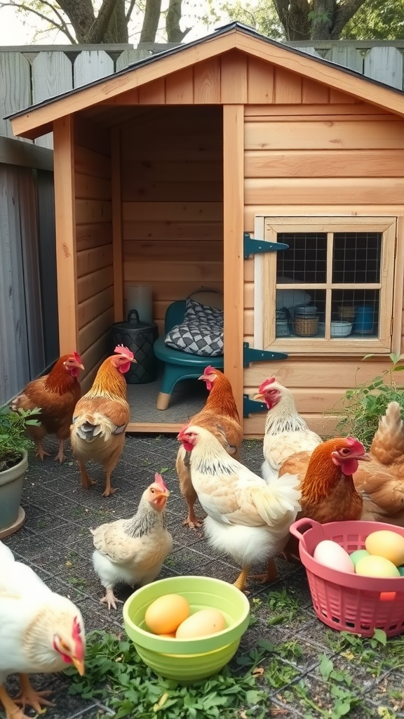 A backyard scene with a cozy chicken coop and several chickens pecking around, alongside baskets of fresh eggs.