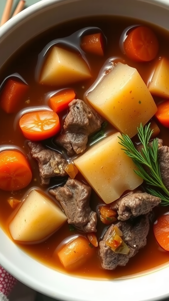 A bowl of hearty rutabaga and beef stew with root vegetables.