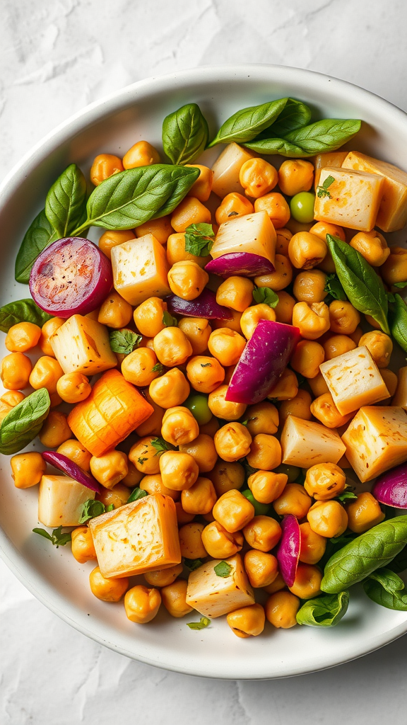 A vibrant salad featuring chickpeas, rutabaga, and fresh herbs in a bowl.