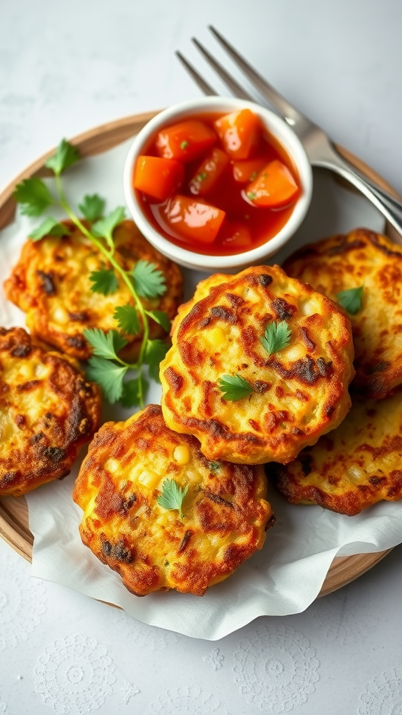 A plate of golden rutabaga and corn fritters served with salsa on the side, garnished with cilantro.