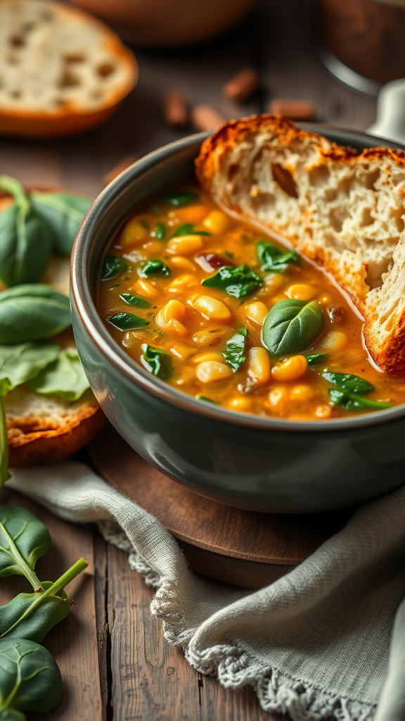 A bowl of rutabaga and lentil soup garnished with spinach, accompanied by crusty bread.