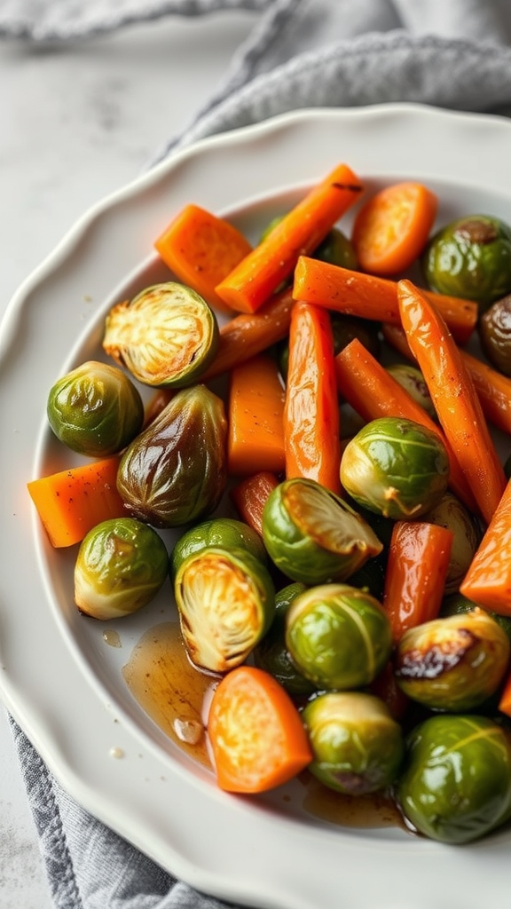 Plate of maple glazed roasted vegetables including rutabaga, carrots, and Brussels sprouts