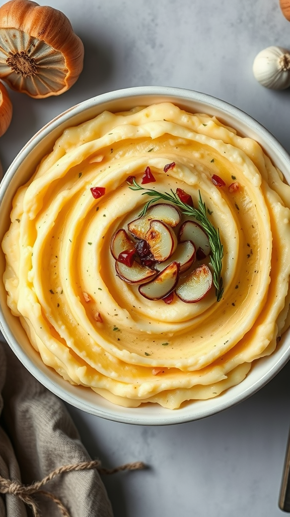 A bowl of creamy rutabaga and potato mash topped with sliced garlic and herbs.