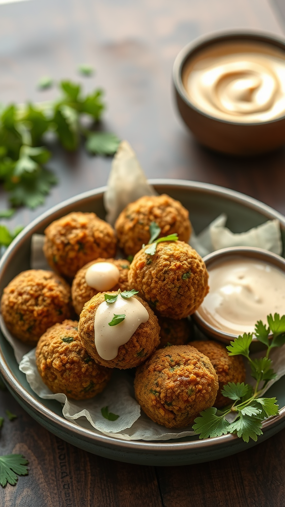 A plate of golden-brown rutabaga falafels topped with tahini sauce, garnished with cilantro.