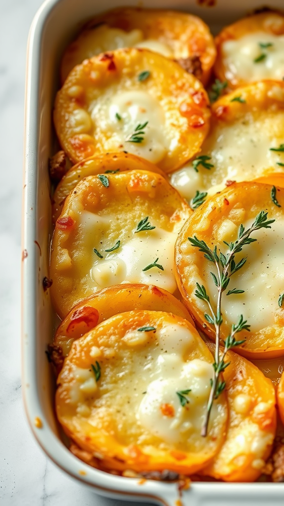 A close-up of a cheesy rutabaga gratin with thyme leaves on top.