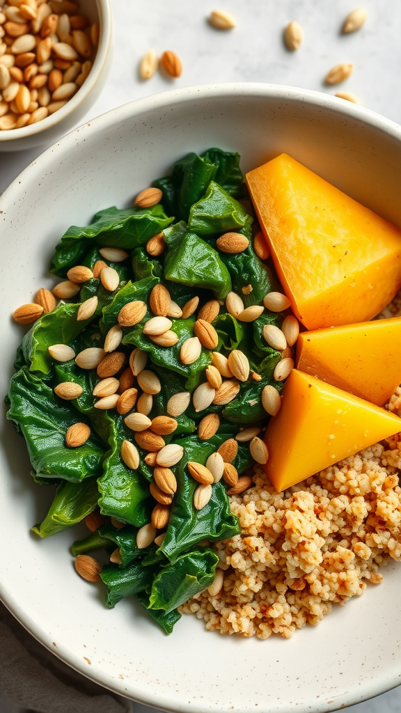 A bowl filled with quinoa, kale, rutabaga, and pine nuts.