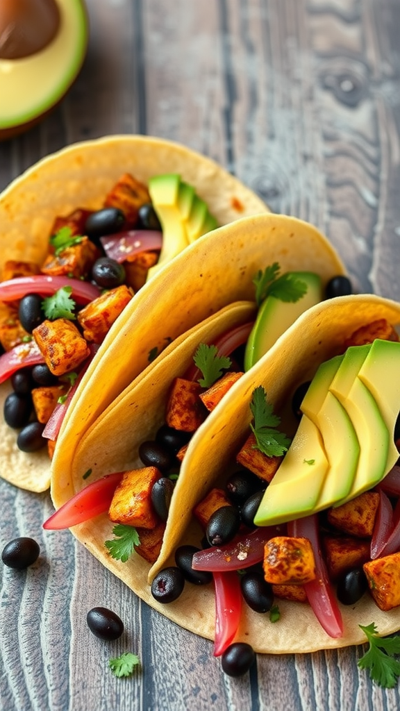 Three tacos filled with roasted rutabaga, black beans, and avocado slices on a wooden table.