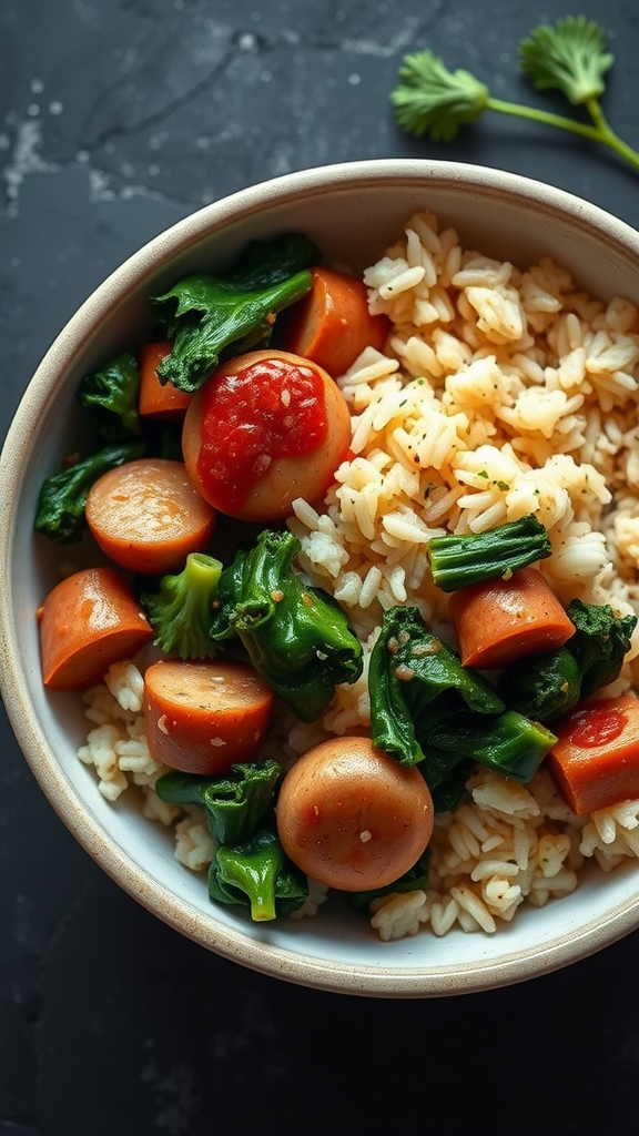 A bowl of spicy kale and sausage jambalaya with rice, featuring colorful vegetables.