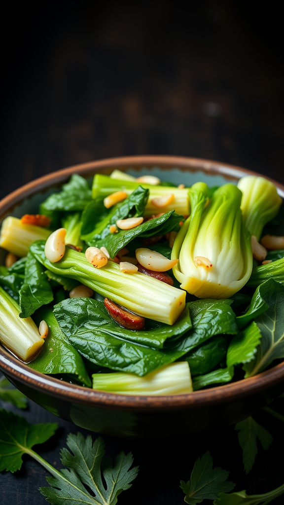 A bowl of stir-fried bok choy with garlic and pine nuts