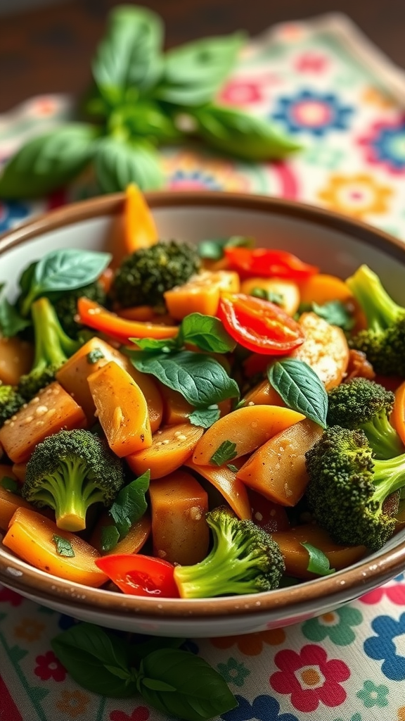 A vibrant bowl of Thai basil stir-fried Chinese broccoli with colorful peppers, garnished with fresh basil leaves.