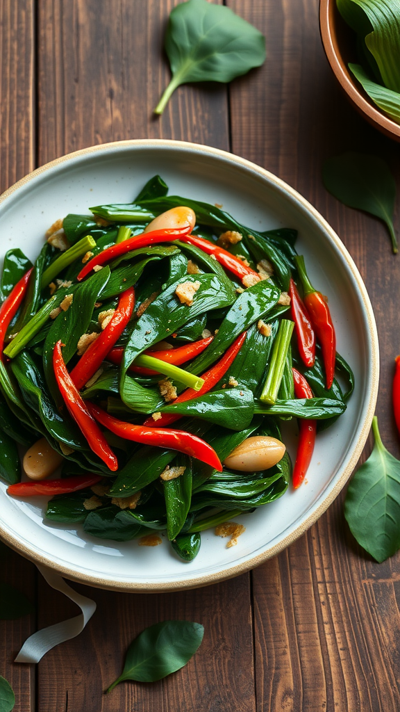 A plate of Thai water spinach stir-fried with red chili and garlic, garnished with crispy bits.