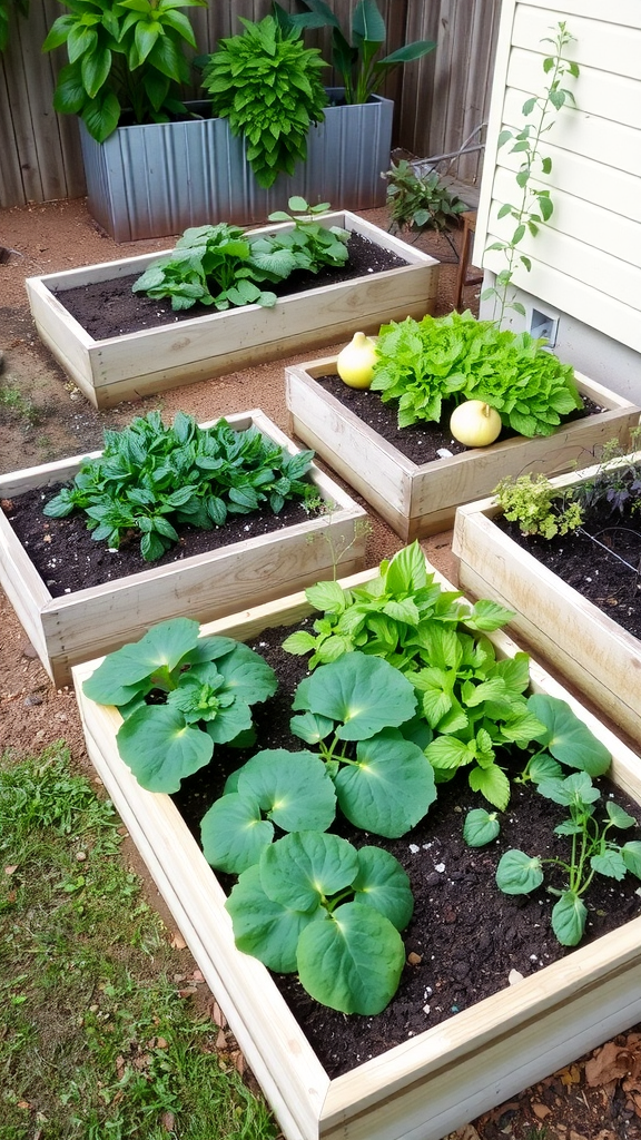 A garden with multiple raised beds filled with various healthy plants.